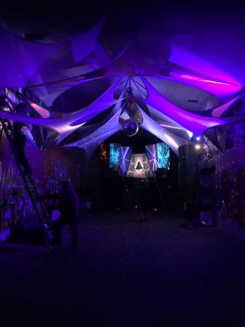 Night-time party lights at a 2020 Cirkus Paralello event